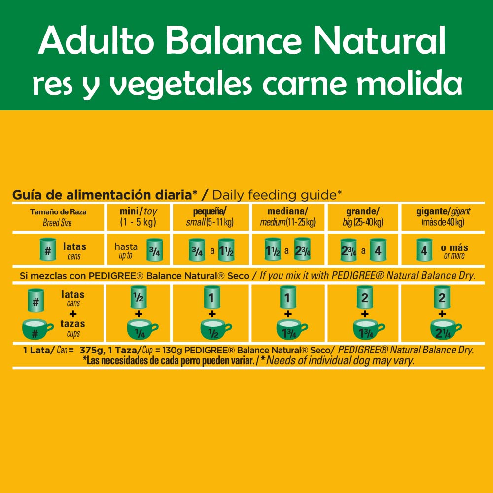PEDIGREE Alimento para Perros Adultos, Balance Natural, Sabor Res Y Vegetales En Carne Molida 375 Gr, Paquete De 24 Latas
