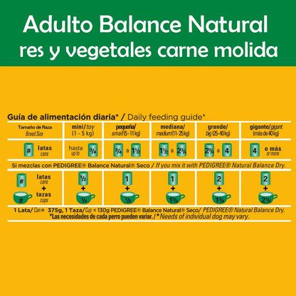 PEDIGREE Alimento para Perros Adultos, Balance Natural, Sabor Res Y Vegetales En Carne Molida 375 Gr, Paquete De 24 Latas