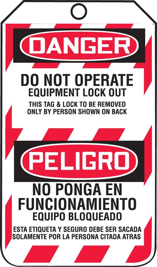 Accuform - Etiquetas de bloqueo, paquete de 25, bilingüe peligro no operación, etiquetas compatibles con OSHA de fabricación estadounidense, cartulina PF resistente al desgarro y al agua, 5.7 x 3.25 pulgadas, TSP105CTP