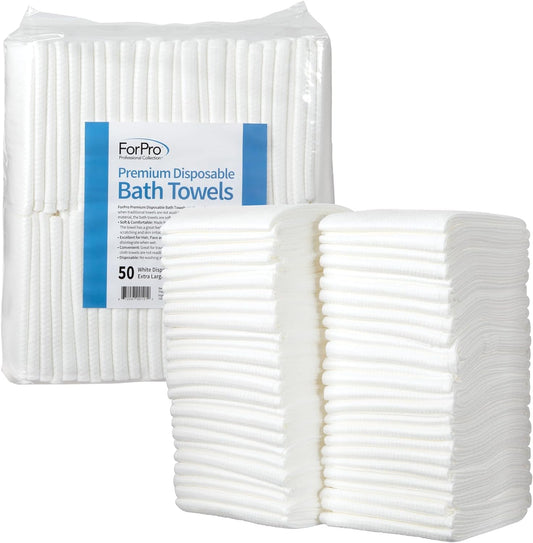 ForPro Professional Collection - Toallas de baño Desechables de Alta Calidad, Toallas de salón y SPA para Cabello, Cara, Cuerpo, Extra Grandes (15 x 31.5 Pulgadas), Blanco, 50 Unidades