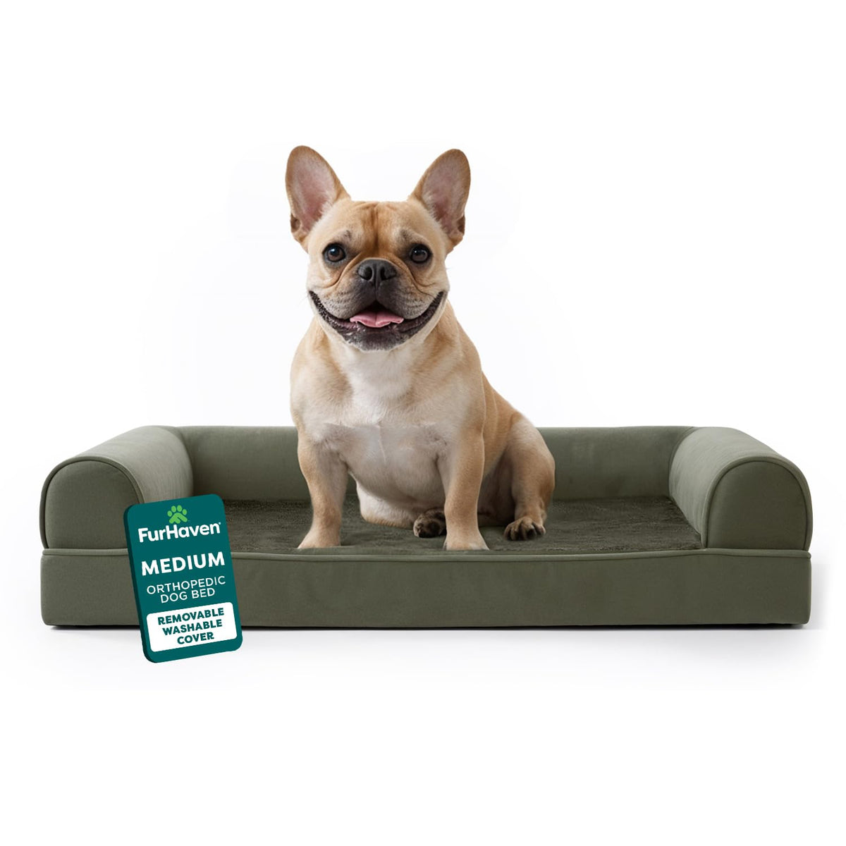 Furhaven Cama Ortopédica Estilo Sofá para Perro, Terciopelo y Piel Sintética - Sofá cama (espuma ortopédica de la caja de Egg - Medium (Pack of 1) - Terciopelo oscuro Sage