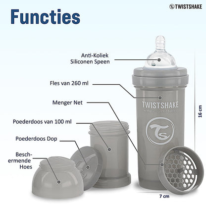 Twistshake Biberón Anticólicos de 260 ml | Tetina de Silicona Similar al Pecho | Mamila de Flujo Medio 2+ Meses | Hecho de Plástico Libre de BPA | Ideal para Lactancia Normal | Piezas Intercambiables