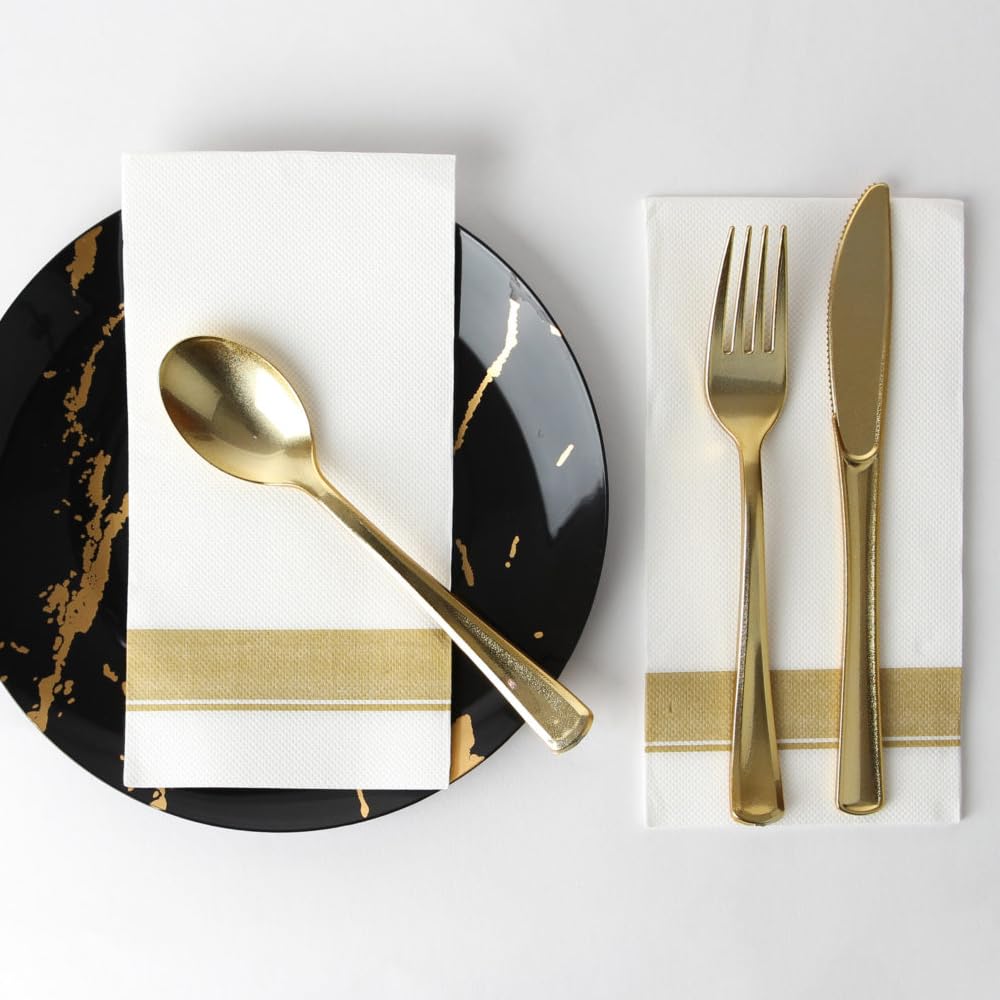 Blue Sky - Servilletas de papel para cena, estilo tela, paquete de 50 unidades, elegantes y de primera calidad, color blanco con borde dorado, perfectas para entretenimiento y ocasiones especiales
