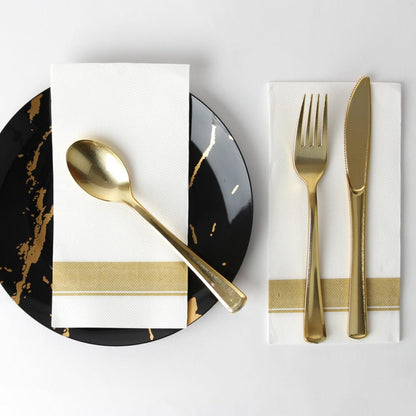 Blue Sky - Servilletas de papel para cena, estilo tela, paquete de 50 unidades, elegantes y de primera calidad, color blanco con borde dorado, perfectas para entretenimiento y ocasiones especiales