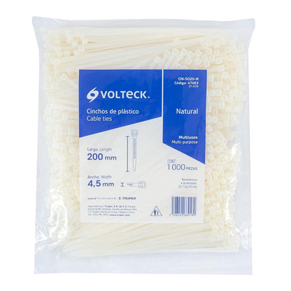 Volteck CIN-5020-M, Bolsa con 1000 cinchos plásticos 50lb 200 x 4.5 mm color natural