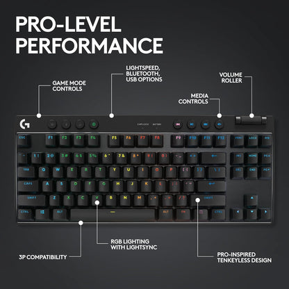 Logitech G Pro X TKL Lightspeed, Teclado inalámbrico para Juegos, ultraportable, sin sección numérica, RGB LIGHTSYNC, Teclas de PBT, interruptores con Click perceptible (GX Blue) - Negro