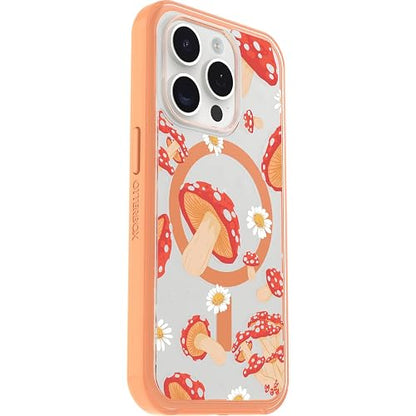 OtterBox - Funda Transparente para iPhone 15 Pro (Solo en inglés) Symmetry Series, Hongos (Naranja), se Ajusta a MagSafe, Ultra Elegante y Bordes elevados Que protegen la cámara y la visualización