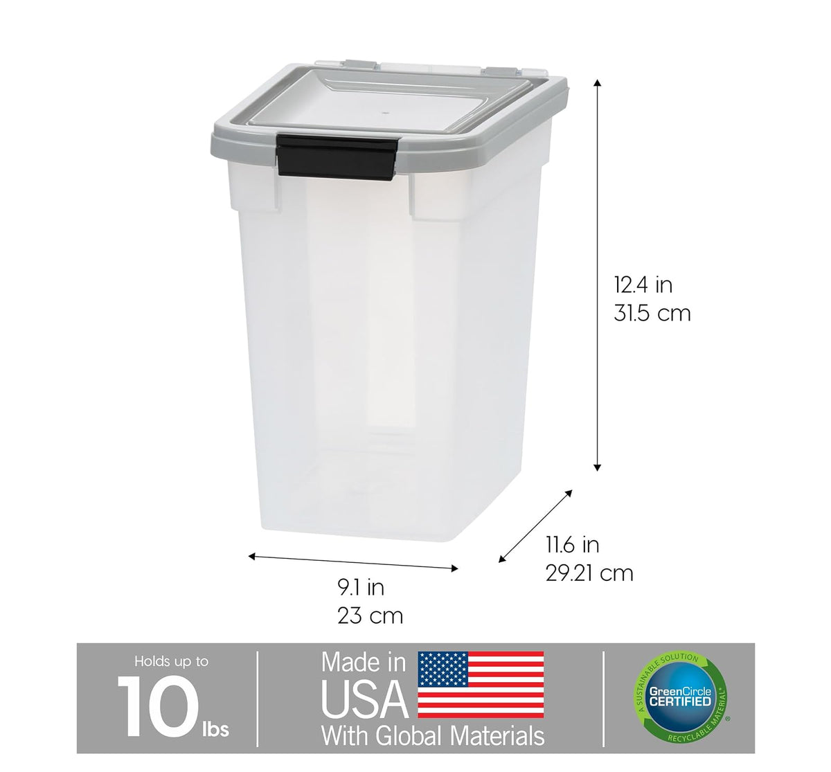 IRIS USA Contenedor para Alimento de Perro, Hasta 10 lb, Transparente/Gris | Libre de BPA, sello hermético, ideal para comida de gatos, semillas de aves, alimento de pollo, juguetes, premios y pellets