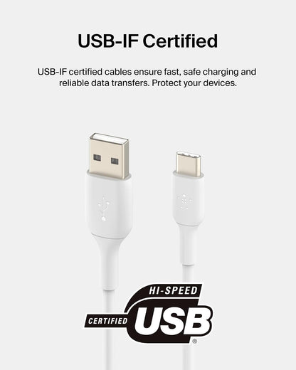 Belkin BoostCharge Cable USB-C (1 M/3.3 pies), cable USB-C a USB-A, cable USB tipo C para iPhone 16 Series, Samsung Galaxy S24, S24+, Pixel 8, iPad Pro, Nintendo Switch, Carplay y más, color blanco
