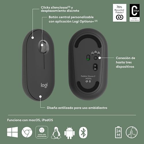 Logitech Pebble Mouse 2 M350s, estilizado Mouse inalámbrico Bluetooth, Ligero, Personalizable, clicks discretos, Easy-Switch, Windows, macOS, iPadOS, Android, ChromeOS - Grafito