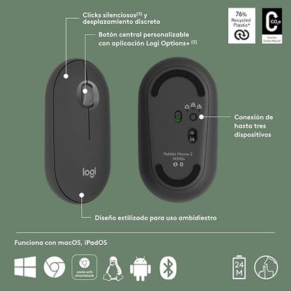 Logitech Pebble Mouse 2 M350s, estilizado Mouse inalámbrico Bluetooth, Ligero, Personalizable, clicks discretos, Easy-Switch, Windows, macOS, iPadOS, Android, ChromeOS - Grafito