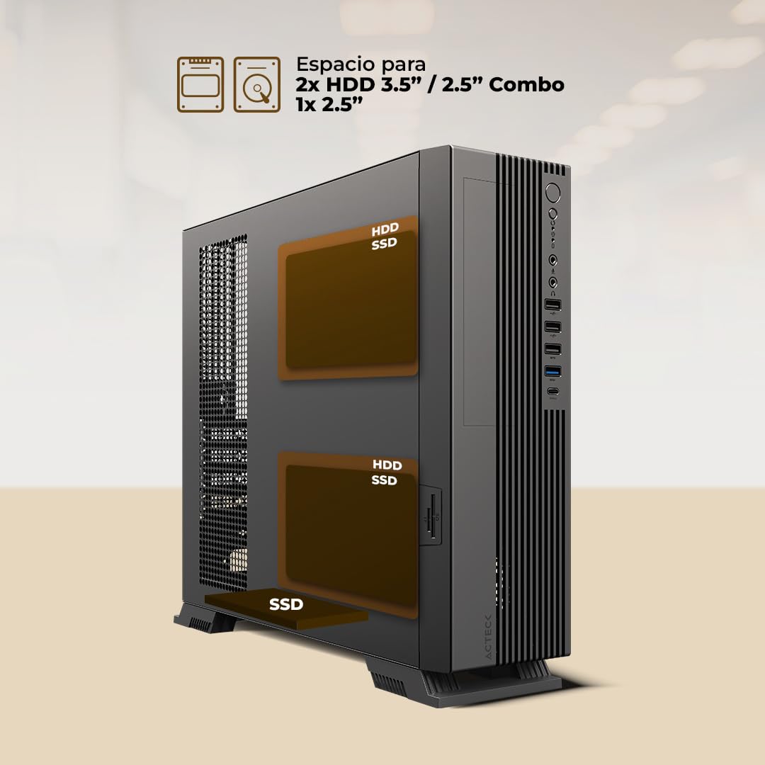 Acteck AC-943079 Gabinete Mini Torre Slim Onex GS455/Max MB Micro ATX/Fuente SFX 500 W/12.7 L/ 3X USB 2.0 + 1 USB 3.0 + 1 USB Tipo C 3.0 + 1x Mic + 1x Audio/Lector de Tarjetas SD/Full Metalico
