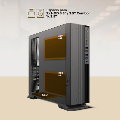 Acteck AC-943079 Gabinete Mini Torre Slim Onex GS455/Max MB Micro ATX/Fuente SFX 500 W/12.7 L/ 3X USB 2.0 + 1 USB 3.0 + 1 USB Tipo C 3.0 + 1x Mic + 1x Audio/Lector de Tarjetas SD/Full Metalico