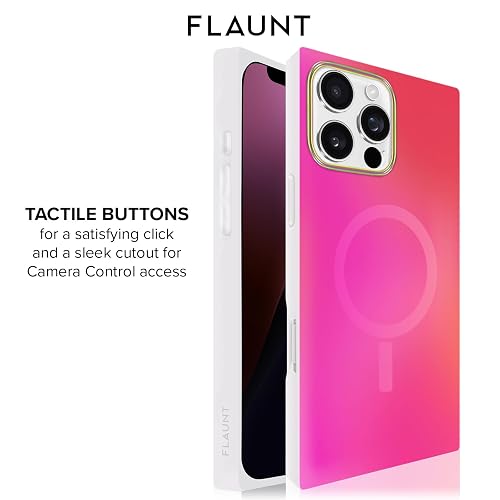 FLAUNT - Funda Protectora Cuadrada Oficial - Compatible con iPhone 16 Pro MAX - Compatible con MagSafe y Carga inalámbrica - Probado en caídas y a Prueba de Golpes - (satén Iridiscente Rosa)