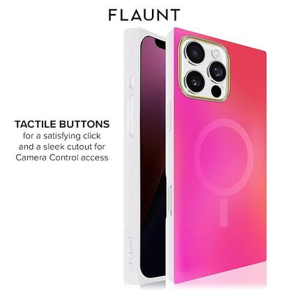 FLAUNT - Funda Protectora Cuadrada Oficial - Compatible con iPhone 16 Pro MAX - Compatible con MagSafe y Carga inalámbrica - Probado en caídas y a Prueba de Golpes - (satén Iridiscente Rosa)