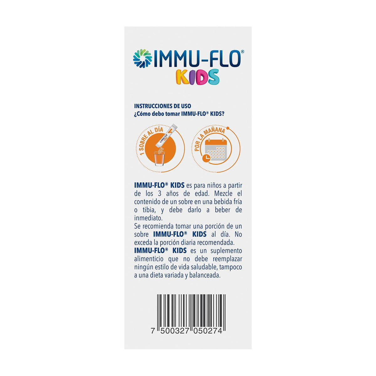 IMMU-FLO® KIDS Suplemento Alimenticio a base de L. rhamnosus GG, B. lactis BS01 + Vitamina D3 regulador del sistema inmune y ayuda a previenir alergias