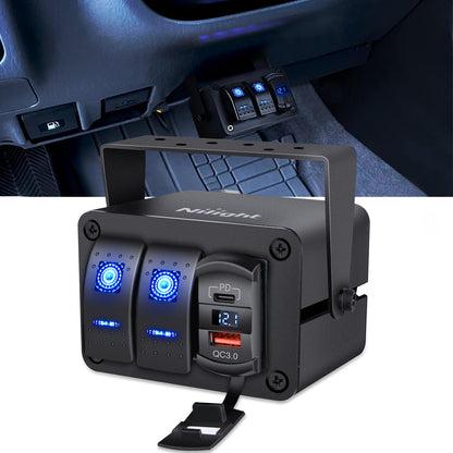Nilight 90311B-C Caja de 2 Interruptores Basculantes SPST 12 V con Puerto USB Tipo C, QC 3.0 y Voltímetro, Impermeable, para Barco y Auto