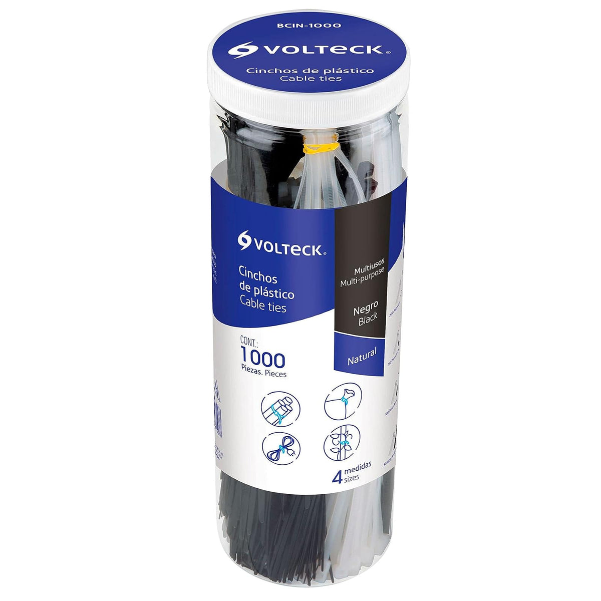 Volteck Cincho Plástico de Colores, Bote con 1000 Piezas - 1000 piezas - Blanco y Negro