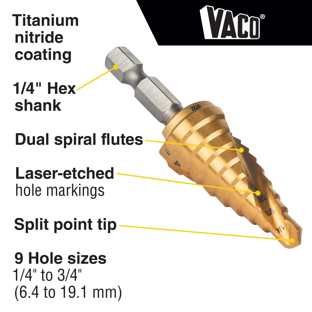 Klein Tools 25963 Broca escalonada, de 1/4 a 3/4 pulgadas, espiral de doble vuelta, corta metal fino, plástico, aluminio, madera, vástago hexagonal de 1/4 pulgadas, VACO