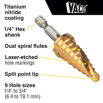 Klein Tools 25963 Broca escalonada, de 1/4 a 3/4 pulgadas, espiral de doble vuelta, corta metal fino, plástico, aluminio, madera, vástago hexagonal de 1/4 pulgadas, VACO