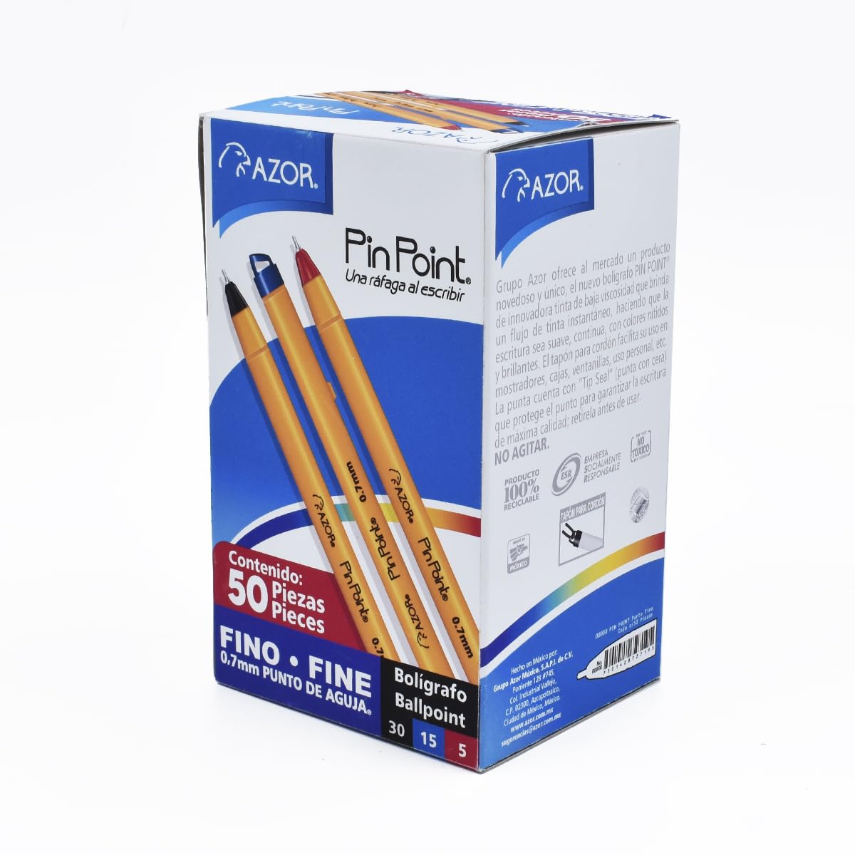 AZOR - Boligrafo De Punto Fino, 50 Piezas, Plumas, Punto Fino, .7 mm, Colores, 30 (Negro) 15 (Azul) 5 (Rojo), PinPoint 301.6825CS.