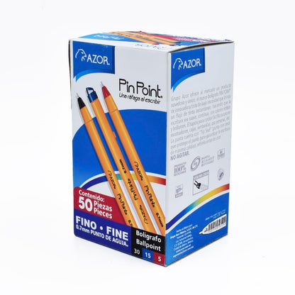 AZOR - Boligrafo De Punto Fino, 50 Piezas, Plumas, Punto Fino, .7 mm, Colores, 30 (Negro) 15 (Azul) 5 (Rojo), PinPoint 301.6825CS.