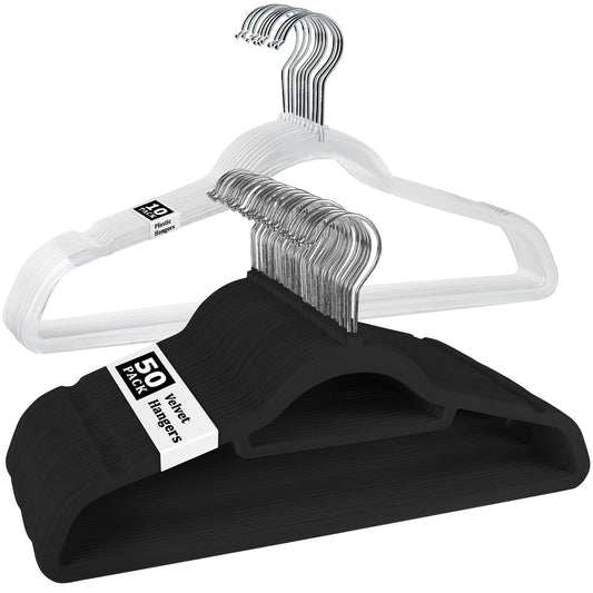 Flysums - Juego de 50 Perchas de Terciopelo y 10 Perchas Transparentes, Resistentes y Antideslizantes, para Ropa de Fieltro, Ahorro de Espacio, para Mantener el clóset organizado, Color Negro