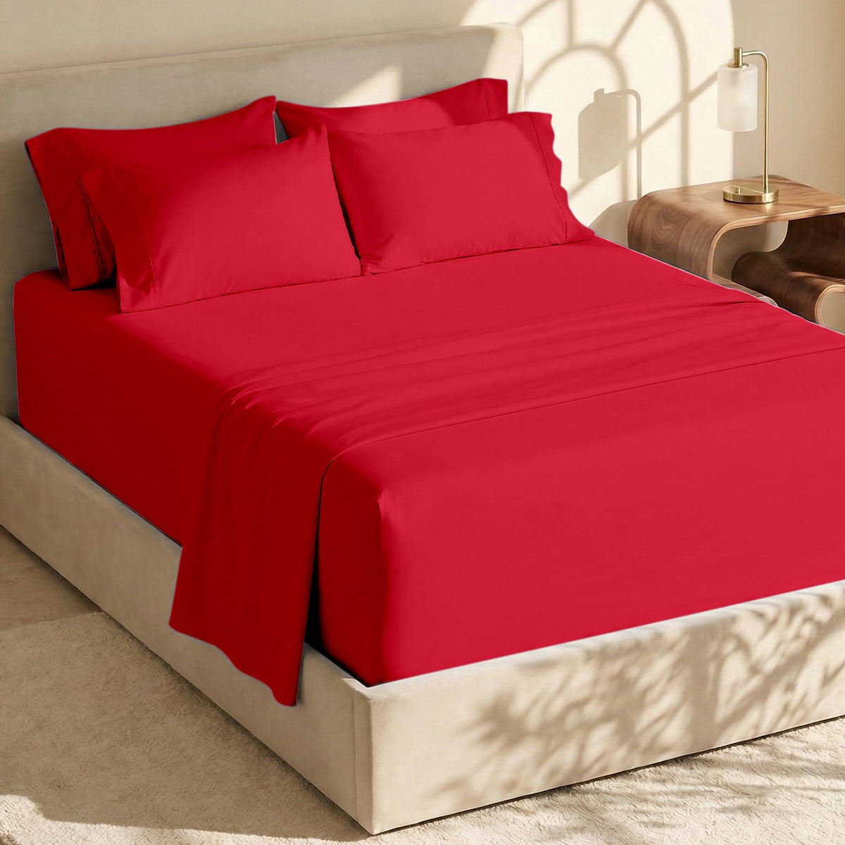 Hearth & Harbor Juego de Sábanas Bolsillo Extra Profundo - Rojo cereza - Queen