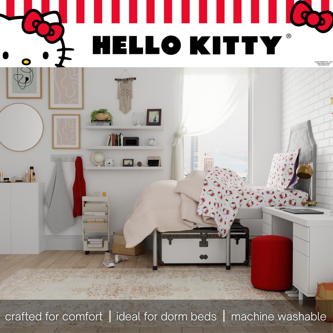 Franco Collectibles Hello Kitty Bedding Juego de sábanas de algodón súper Suave de 3 Piezas Individual XL, Esenciales para recámara Universitario (Producto con Licencia Oficial)
