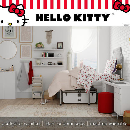 Franco Collectibles Hello Kitty Bedding Juego de sábanas de algodón súper Suave de 3 Piezas Individual XL, Esenciales para recámara Universitario (Producto con Licencia Oficial)