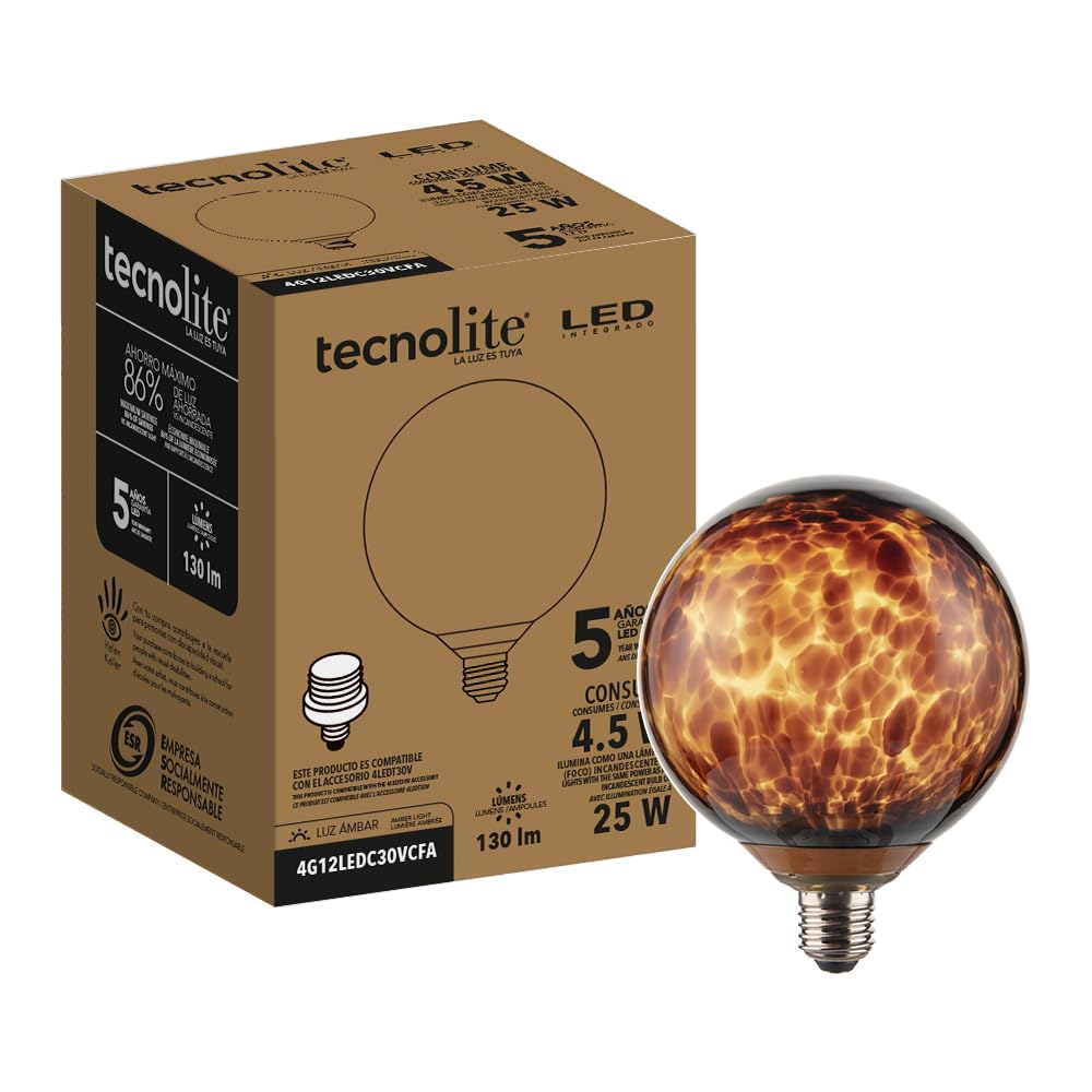Tecnolite - Foco Globo G120 LED 4.5 W, Luz Ámbar, Base E27, No atenuable
