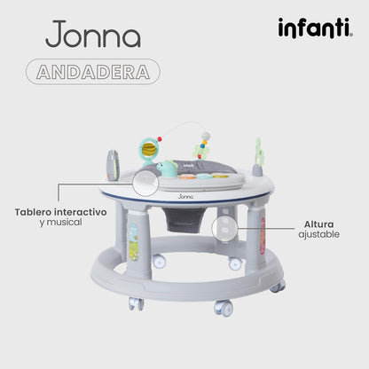 Infanti | Andadera JONNA 4 en 1 con Asiento Giratorio 360° | Se Transforma en Centro de Entretenimiento y Mesita Interactiva | Andador con Juguetes y Sonidos | Altura Ajustable | Color Gris