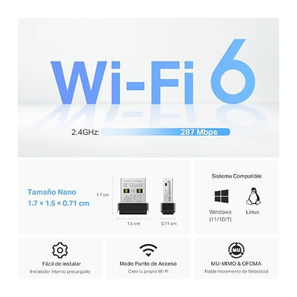 TP-Link Adaptador USB WiFi Nano Archer TX1U Nano - WiFi 6 AX300 - hasta 287 Mbps - MU-MIMO - Compatible con Windows y Linux - Diseño Ultracompacto - Fácil Instalación