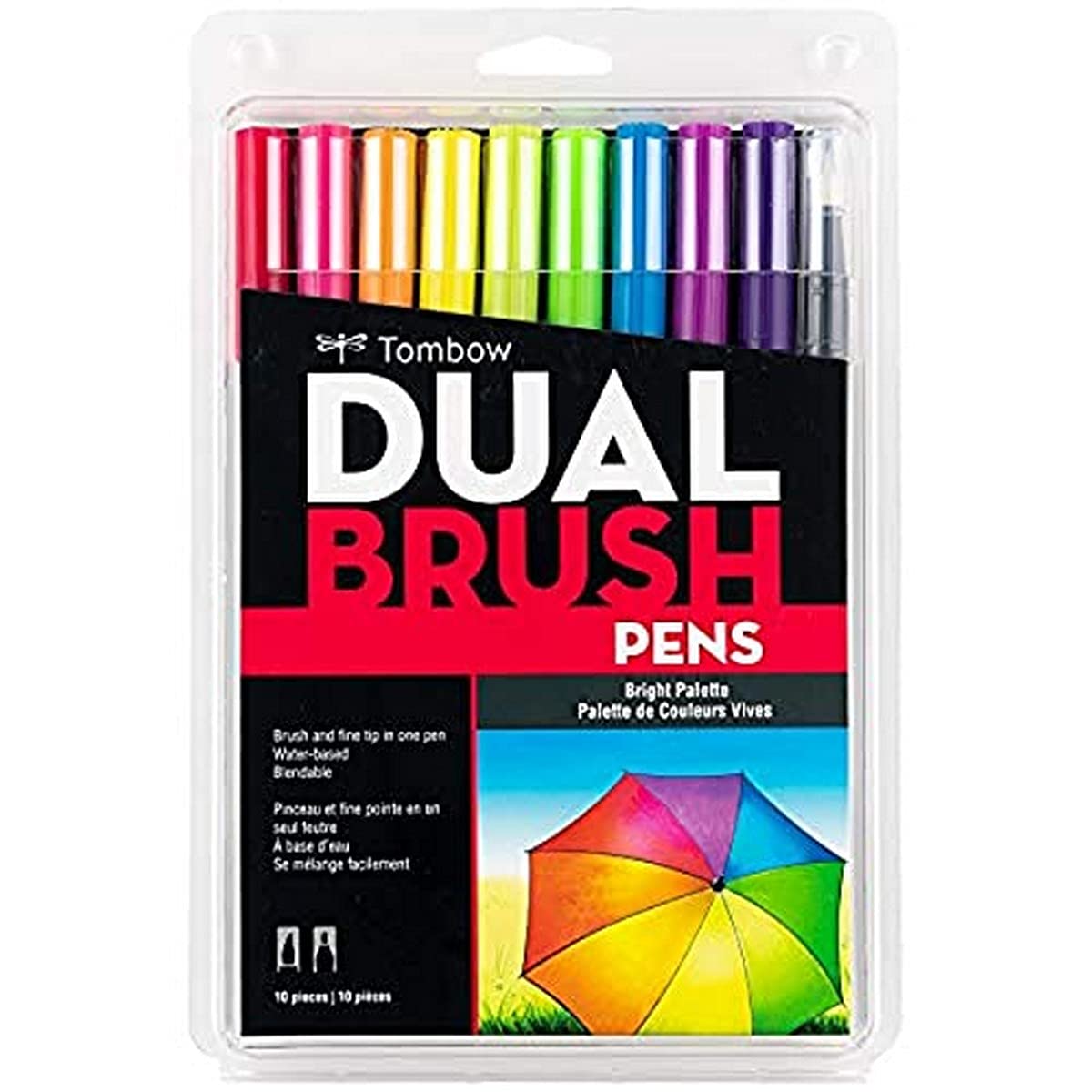 Tombow 56185 Marcadores artísticos de doble pincel, , paquete de 10. Mezclador, pincel y marcadores de punta fina, Tropical, 1, 1 + Dual Brush Pen Art Markers, Bright, 10-Pack