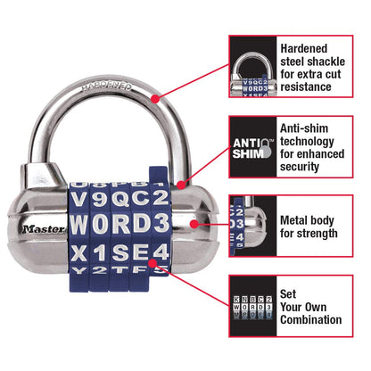 Master Lock Candado, set your own WORD Combination Lock, 2-1/2 pulgadas de ancho, negro, 1534DBLK
