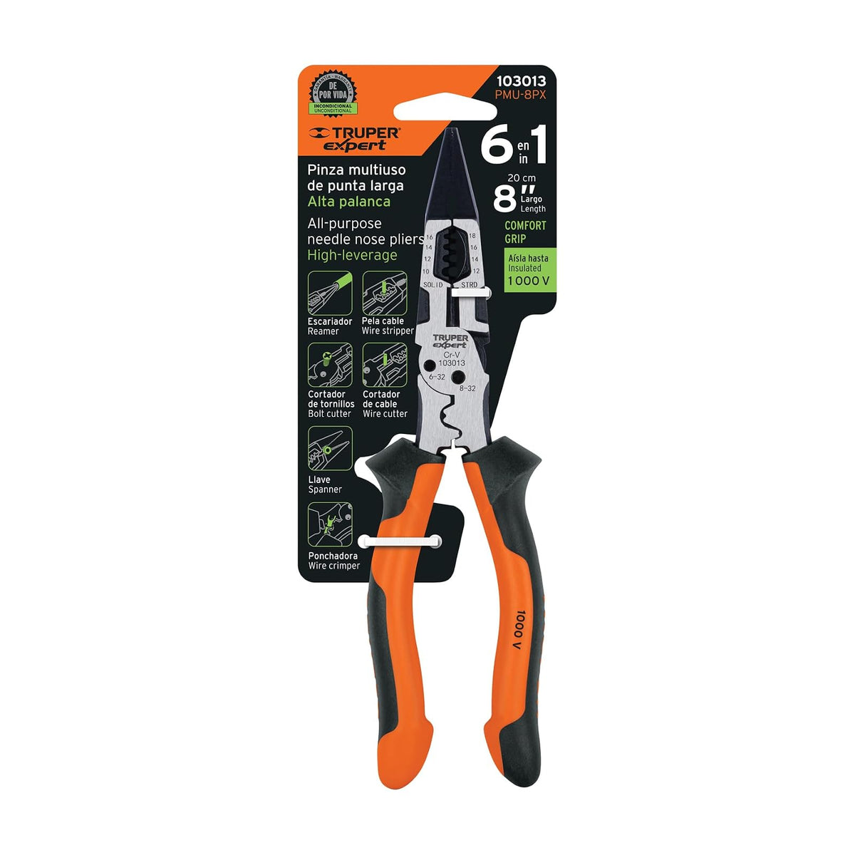 Truper expert PMU-8PX, Pinza multiuso 8" punta larga mango comfort grip