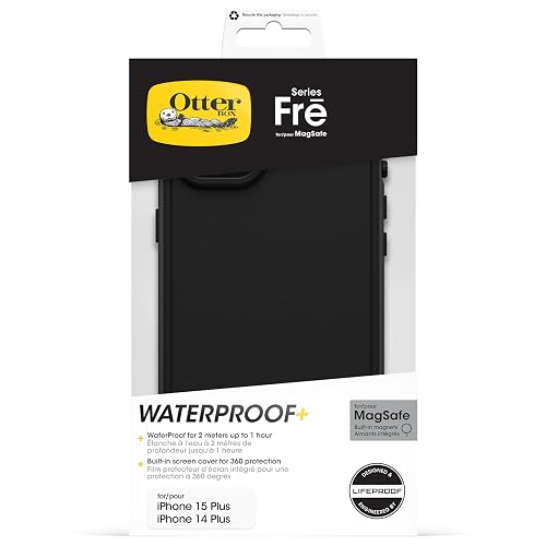 OtterBox - Funda Impermeable para iPhone 15 Plus y iPhone 14 Plus Serie FR, con MagSafe (diseñada por LifeProof), Color Negro, Impermeable, 60% plástico Reciclado, Elegante y Elegante