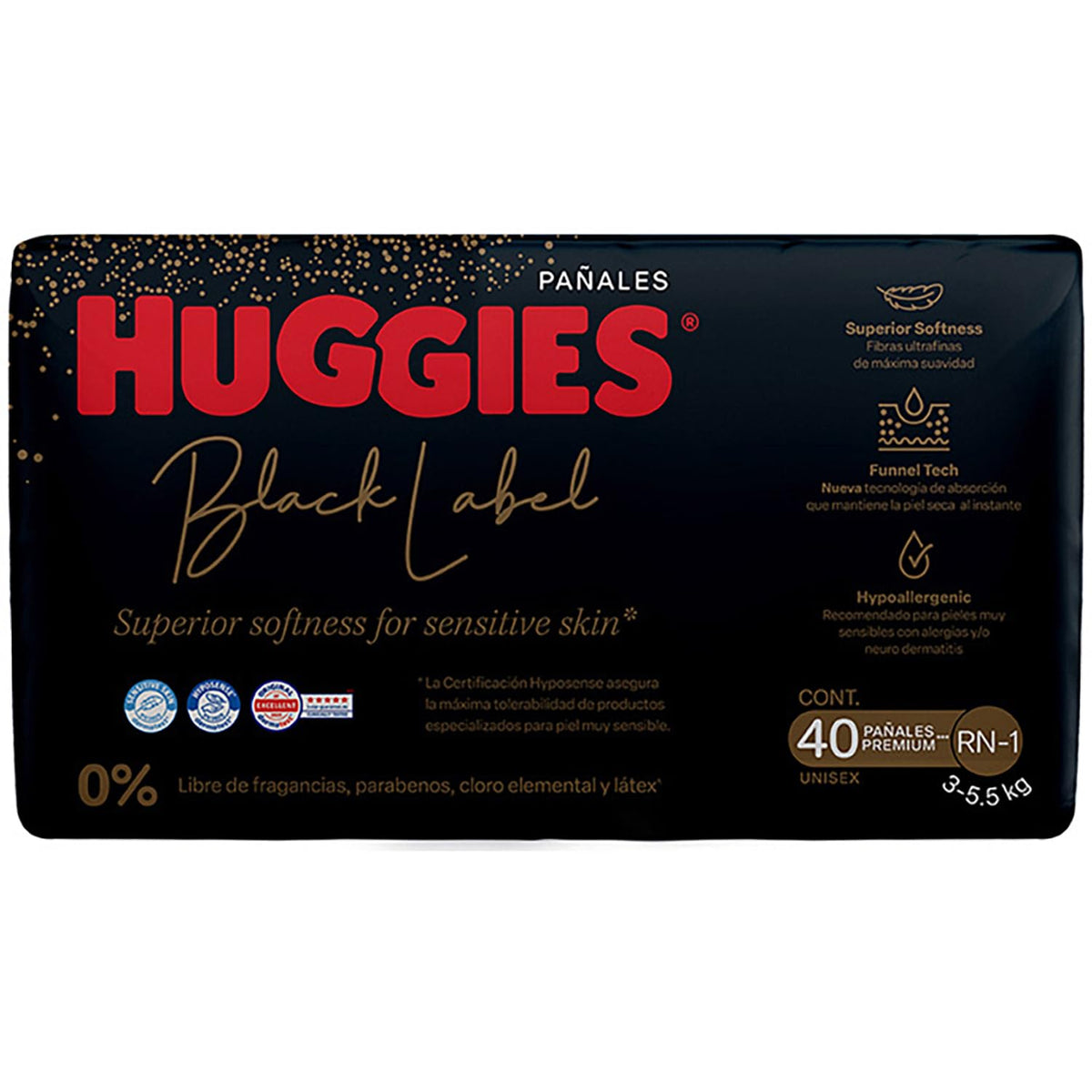 Huggies Black Label Pañales Desechables Premium, Etapa RN-1 Unisex, Bolsa con 40 piezas, Ideal para bebés de 3 a 5.5 kg