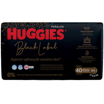 Huggies Black Label Pañales Desechables Premium, Etapa RN-1 Unisex, Bolsa con 40 piezas, Ideal para bebés de 3 a 5.5 kg