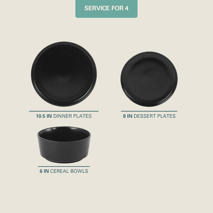 Gibson Home Dempsey Road - Juego de vajilla de gres de 12 piezas, servicio para 4, platos y cuencos negros redondos, duradero y de color sólido, moderno juego de platos en relieve, apto para