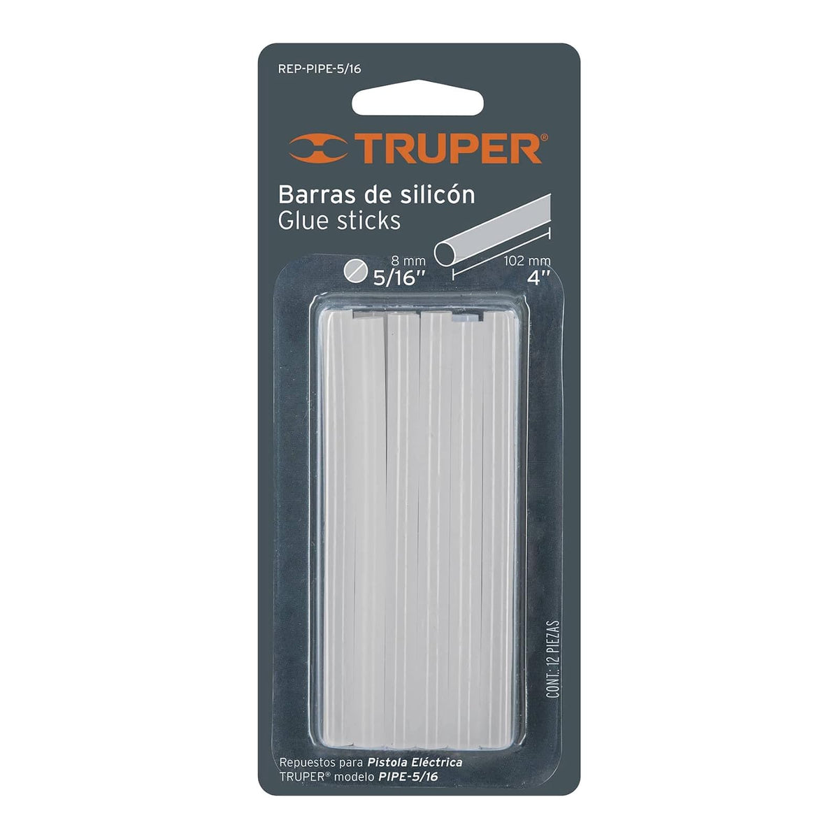 Truper PIPE-5/16, Pistola eléctrica 15 W + REP-PIPE-5/16, Barras de silicón de repuesto para PIPE-5/16, 12 pzas