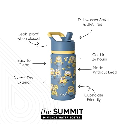 Simple Modern Kids Summit - Botella de agua con tapa de popote, vaso aislado de acero inoxidable de 14 onzas, para niñas, niños, escuela, Minions Unite