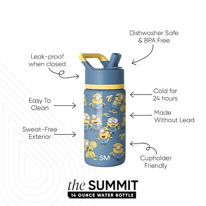 Simple Modern Kids Summit - Botella de agua con tapa de popote, vaso aislado de acero inoxidable de 14 onzas, para niñas, niños, escuela, Minions Unite