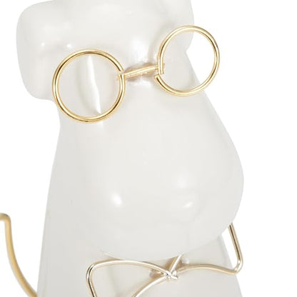 Sagebrook Home Figura de cerámica para Cachorros de 7 Pulgadas con anteojos y Pajarita, Escultura contemporánea de Perro Blanco y Dorado para decoración de Mesa del hogar u Oficina