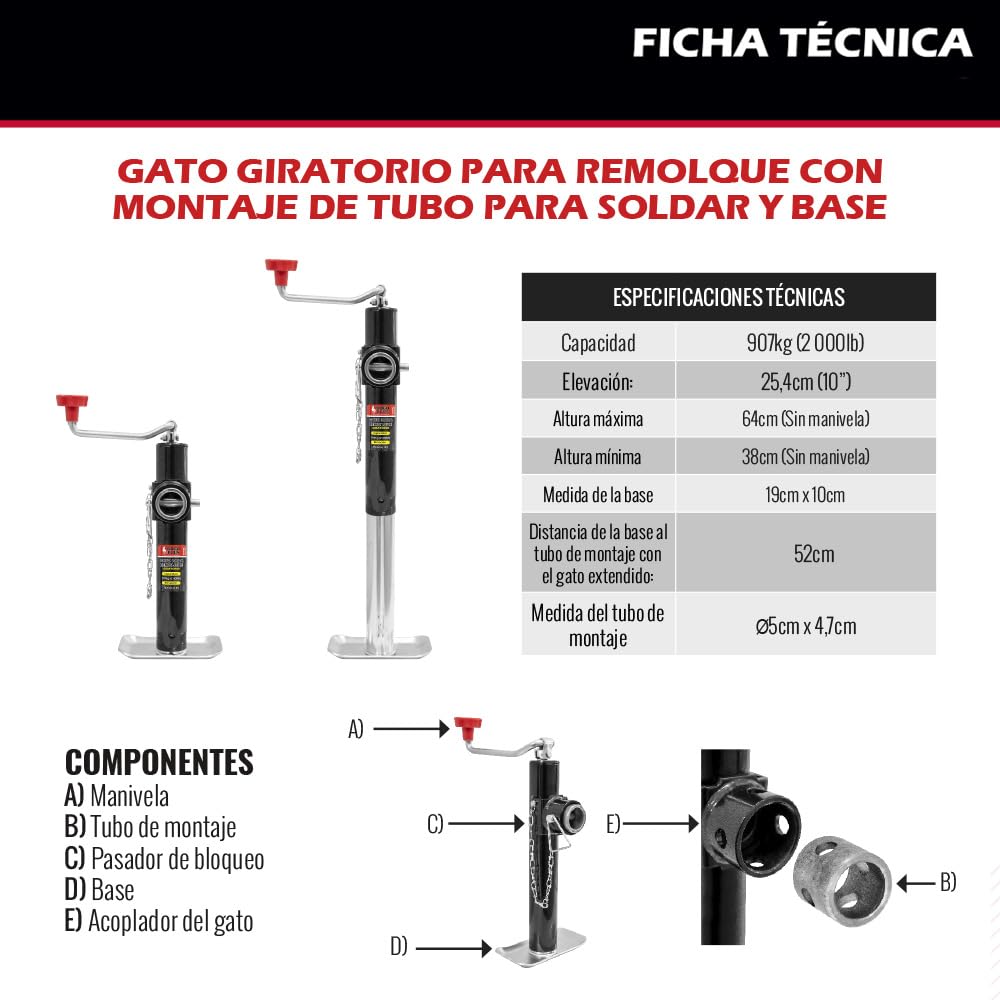 Dogotuls RI6083 Gato para Remolque Giratorio con Montaje de Tubo para soldar y Base 2000LB