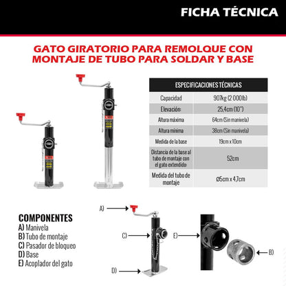 Dogotuls RI6083 Gato para Remolque Giratorio con Montaje de Tubo para soldar y Base 2000LB