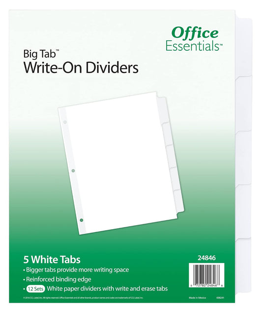 Office Essentials 24846 - Divisores para escribir con pestañas grandes, 8-1/2 x 11, 5 pestañas, blanco, paquete de 12 unidades