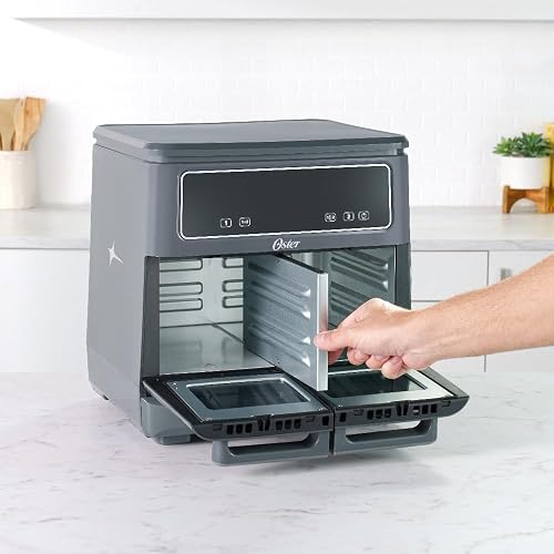 Oster Freidora de Aire Dual Flex, 2 Zonas de 5.5 L que se Adaptan a 11 L | Gran Capacidad, 10 Programas, Iguala y Sincroniza, Antiadherente Oster DiamondForce, 5 Accesorios Incluidos, CKSTAF11MCDDF