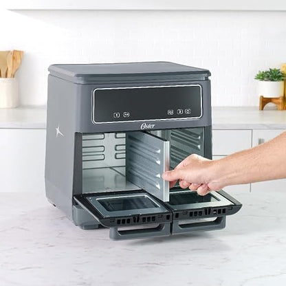 Oster Freidora de Aire Dual Flex, 2 Zonas de 5.5 L que se Adaptan a 11 L | Gran Capacidad, 10 Programas, Iguala y Sincroniza, Antiadherente Oster DiamondForce, 5 Accesorios Incluidos, CKSTAF11MCDDF