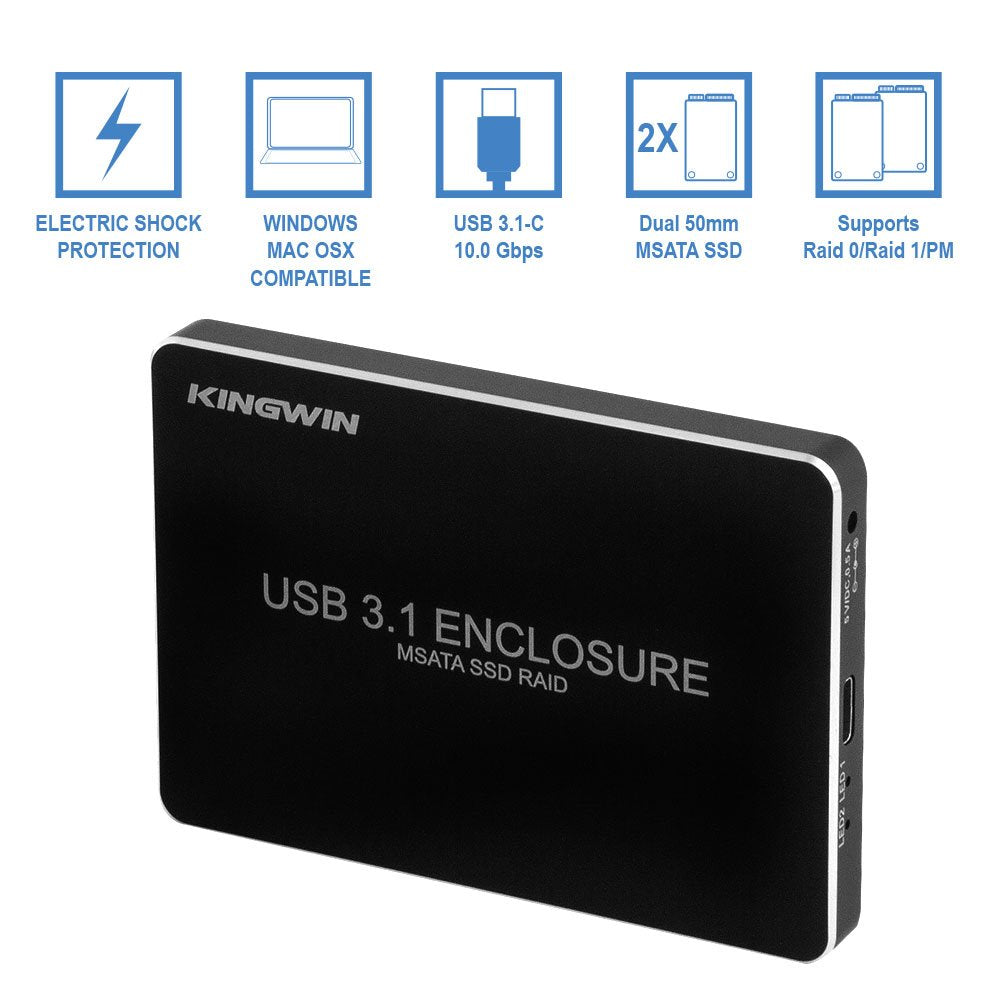 Kingwin KU-3200U3C CNC Aluminum Dual M.2 NGFF B / B+M Key SSD SATA Base Raid Externo, USB 3.1 (Gen 2 Tipo C) hasta 10 Gbps de velocidad, soporte UASP, Hot Plug & Play, LED para acceso y alimentación,